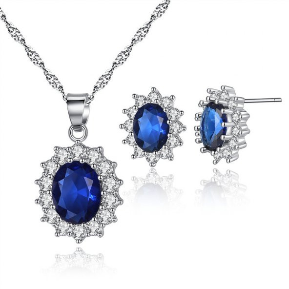 Worldshop Mavi Swarovski  Taşlı, takı seti,  Ahşap kutu içerisinde ürün görseli 1