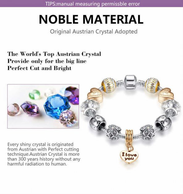 Worldshop PANDORA, VALENTİNE SEVGİ CHARMLI BİLEKLİK, AHŞAP HEDİYE KUTUSU İÇERİSİNDE ürün görseli 1
