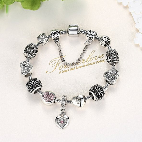 takantakana PANDORA TARZ, KALP TEMALI, PEMBE CHARM BİLEKLİK, AHŞAP KUTU İÇERİSİNDE ürün görseli 1