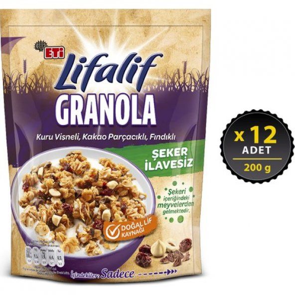 Eti Lifalif Granola Kuru Vişneli, Kakao Parçacıklı, Fındıklı 200 g x 12 Adet ürün görseli 1