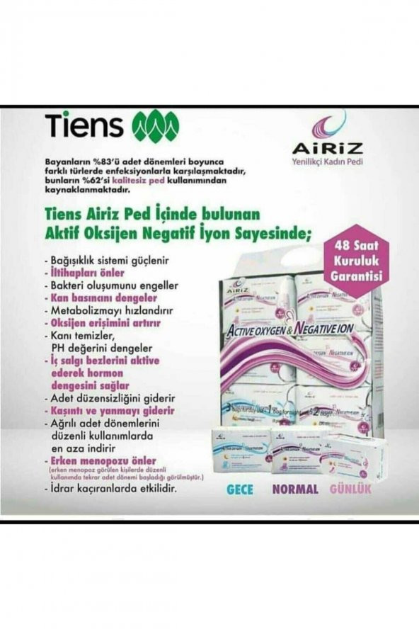 Tiens  Airiz Hijyenik Kadın Pedi 6lı Set 98 Adet Organik ürün görseli 1
