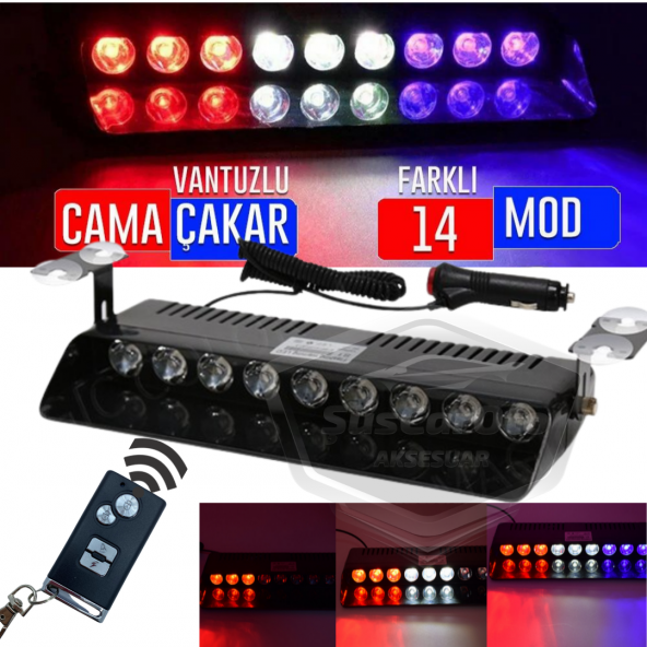 S1 Kumandalı Cam İçi Vantuzlu Polis Çakar 9 Ledli Kırmızı Beyaz Mavi 14 Mod Çakmaklık Girişli ürün görseli 1