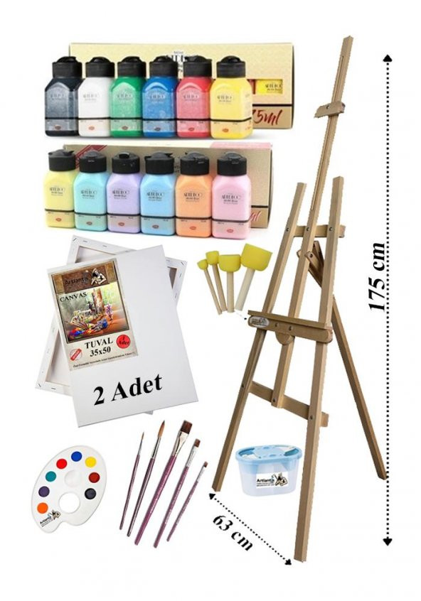 Akrilik Boya Resim Seti Artdeco 12 Renk 75 ml Akrilik Boya Şövalye 2 Tuval 35x50 Fırça Spatula Şövale ürün görseli 1