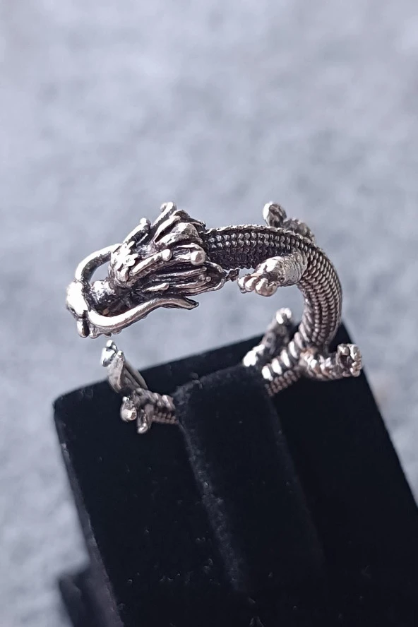 Ejderha Dragon Şekilli Erkek Yüzük Gümüş Kaplama Ayarlanabilir El Yapımı Yüzük ürün görseli 1