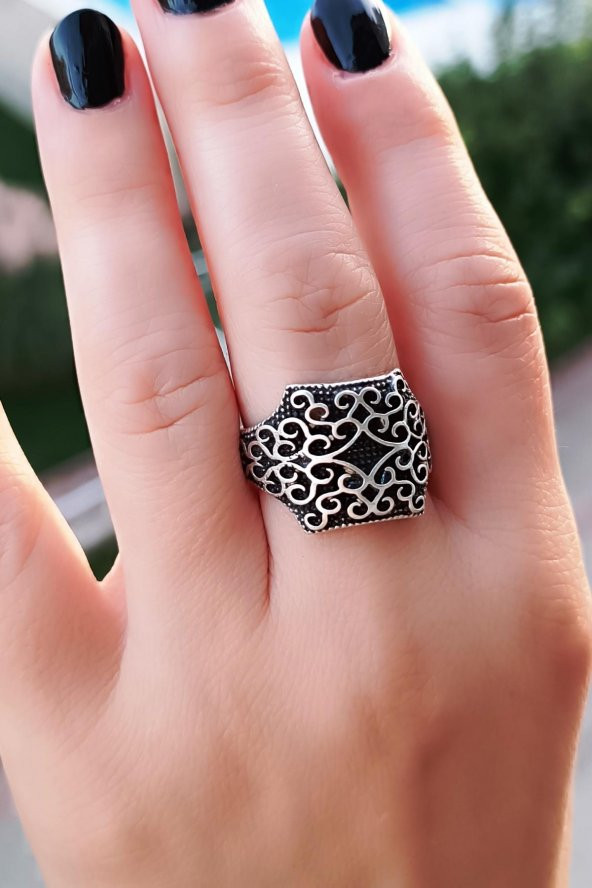 Motif Şekilli Kadın & Erkek Yüzük Gümüş Kaplama Ayarlanabilir El Yapımı Unisex Yüzük ürün görseli 1