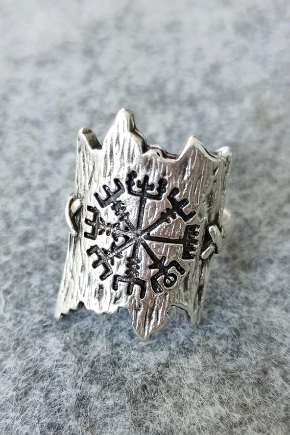 Viking Pusulası Şekilli Erkek Yüzük Gümüş Kaplama Ayarlanabilir El Yapımı Erkek Yüzük ürün görseli 1