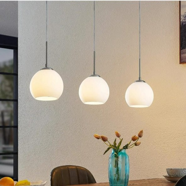 MYLIGHTS MASA ÜSTÜ İNOX SIRALI OPAL CAMLI MODERN ÜÇLÜ AVİZE HER ODA İÇİN TERCİH EDİLEBİLİR METAL ürün görseli 1