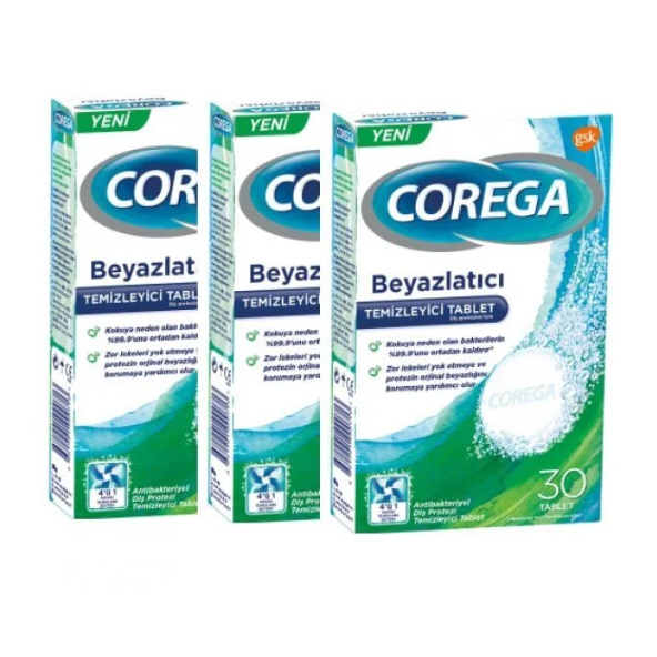 Corega Diş Protezi Beyazlatıcı Temizleyici 30 Tablet 3'lü Paket ürün görseli 1