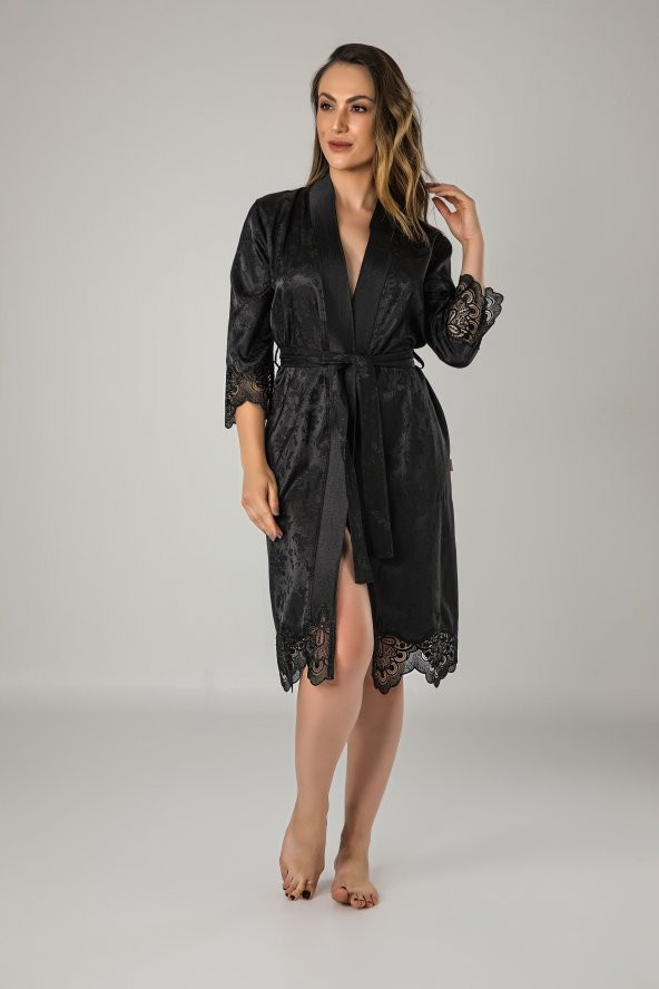 Kimono Siyah Saten Bayan Sabahlık ürün görseli 1