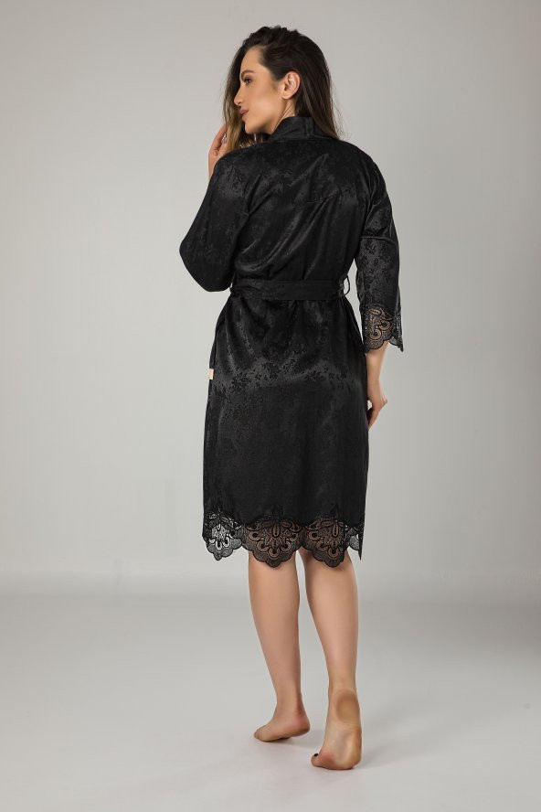 Kimono Siyah Saten Bayan Sabahlık - Resim 2