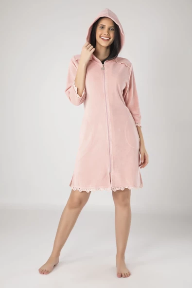 Kadın Krem Dantelli Fermuarlı Cotton Bornoz - Resim 2