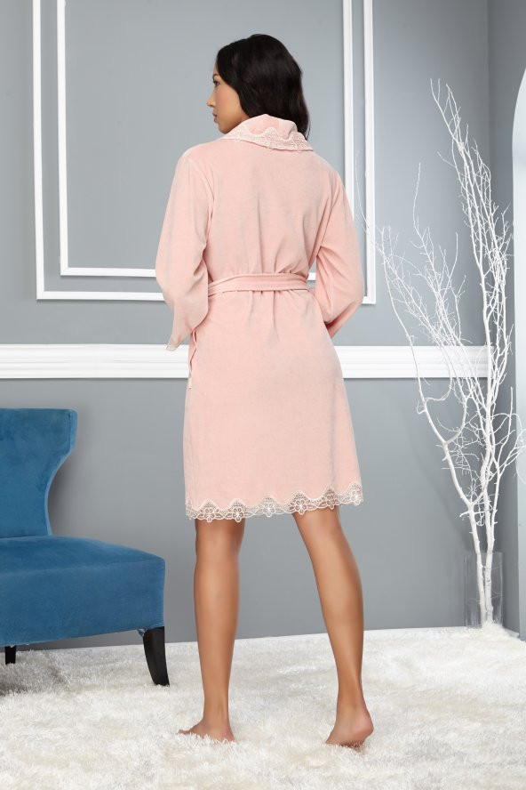 Pudra Dantelli Bambu Cotton Bayan Sabahlık Bornoz - Resim 2