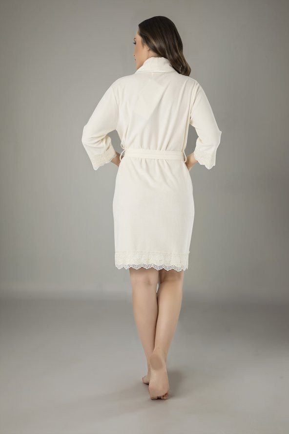 Krem Dantelli Bambo Cotton Kadife Bayan Sabahlık - Resim 2