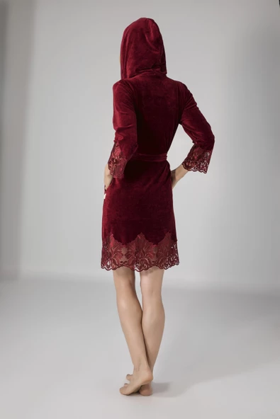 Siyah Dantelli Bambo Cotton  Kadife Bayan Sabahlık - Resim 6