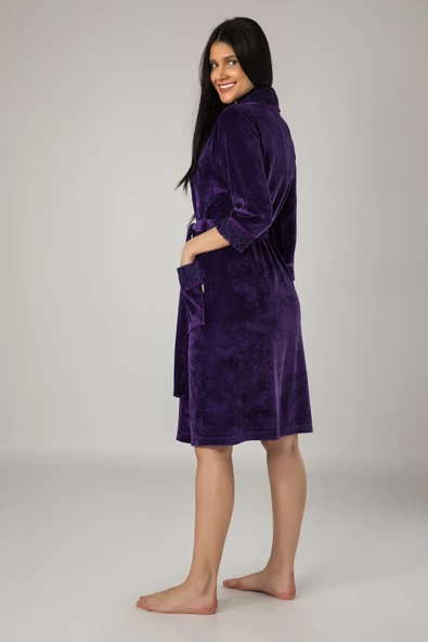 Lila Dantelli Bambo Cotton Bayan Sabahlık - Resim 2