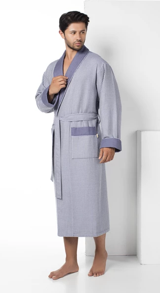 Füme Kareli Pike Bambo Cotton Erkek Sabahlık Bornoz ürün görseli 1