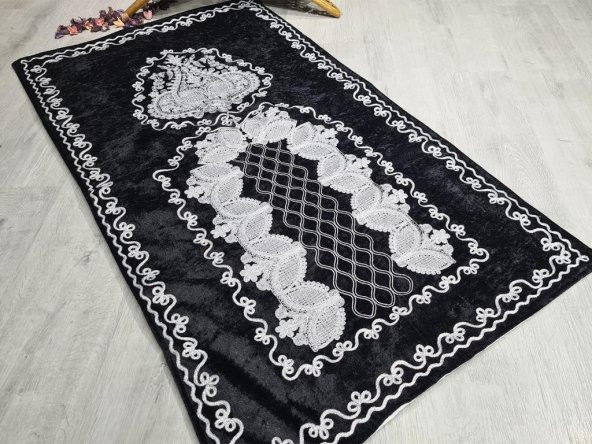 Verna Süzene İşlemeli Kadife Seccade Siyah - Resim 7