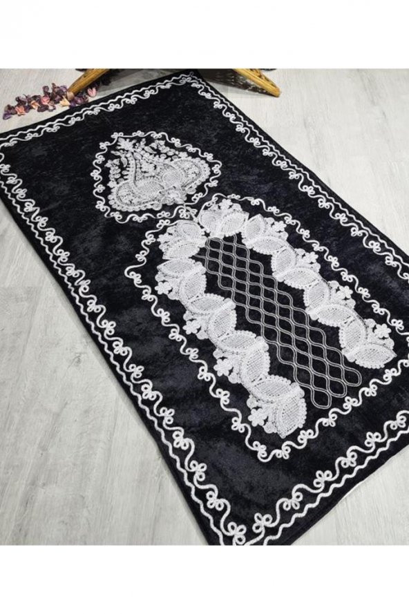 Verna Süzene İşlemeli Kadife Seccade Siyah - Resim 9