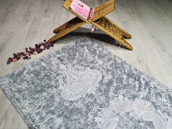 Verna Süzene İşlemeli Kadife Seccade Gri - Resim 2
