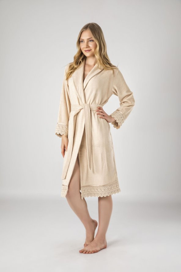 Bej Dantelli Bambu Cotton Bayan Bornozu ürün görseli 1