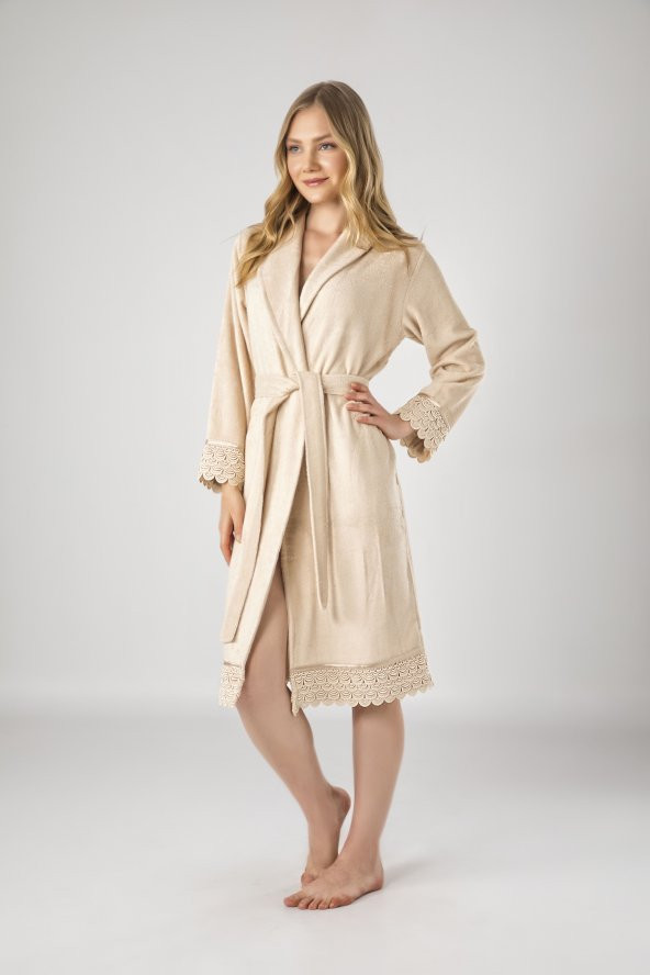 Bej Dantelli Bambu Cotton Bayan Bornozu - Resim 2
