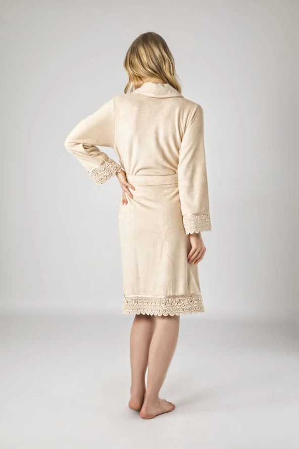 Bej Dantelli Bambu Cotton Bayan Bornozu - Resim 3