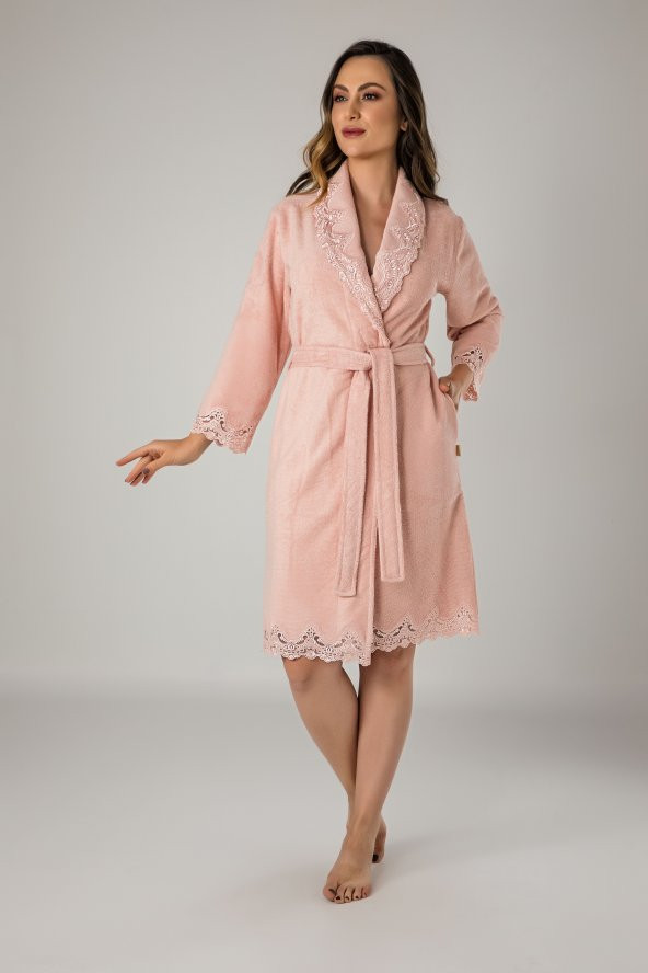 Pudra Dantelli Bambo Cotton Bayan Bornozu - Resim 3