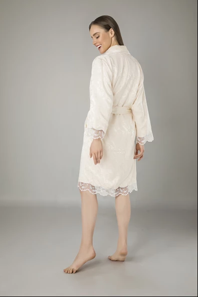 Lacivert Saten Bukle Bambu Cotton Bayan Bornozu - Resim 6