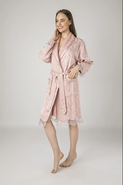 Lacivert Saten Bukle Bambu Cotton Bayan Bornozu - Resim 3