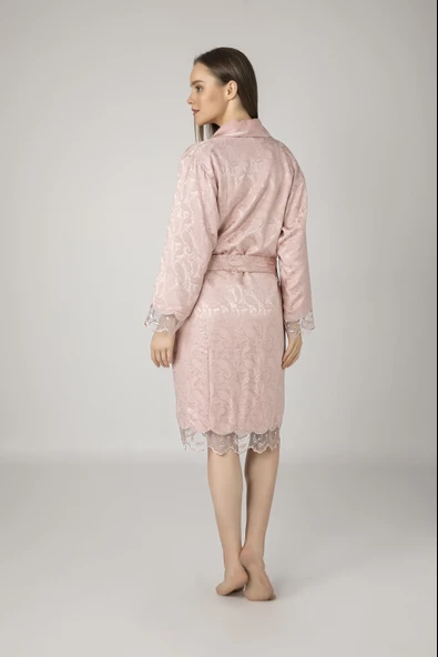 Lacivert Saten Bukle Bambu Cotton Bayan Bornozu - Resim 4