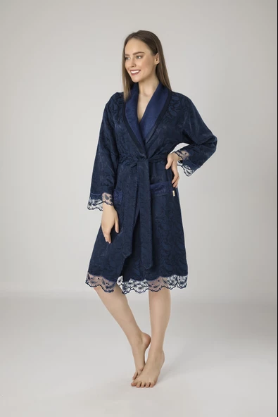 Lacivert Saten Bukle Bambu Cotton Bayan Bornozu ürün görseli 1