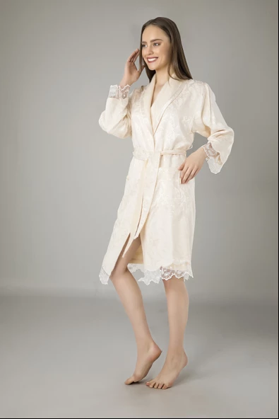 Lacivert Saten Bukle Bambu Cotton Bayan Bornozu - Resim 5