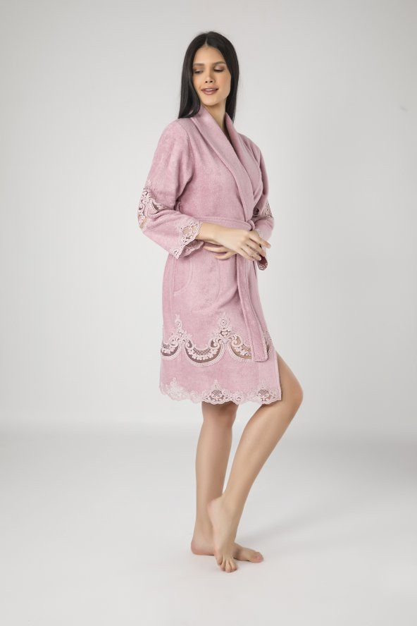 A.Lila Dantelli Bambo Cotton Bayan Bornozu - Resim 3