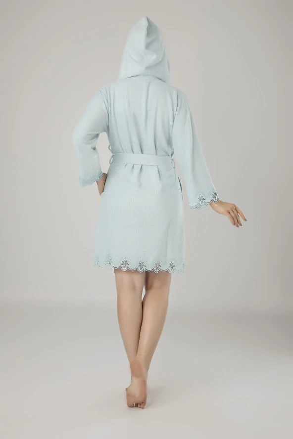 Mint Yeşili Dantelli Bambo Cotton Bayan Bornozu - Resim 2