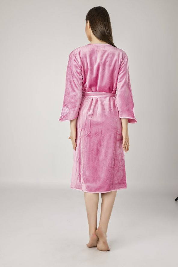 Nuşa Kimono Nakışlı Cotton Bayan Bornozu - Resim 2