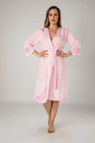 Nuşa Kimono Nakışlı Cotton Bayan Bornozu - Resim 3