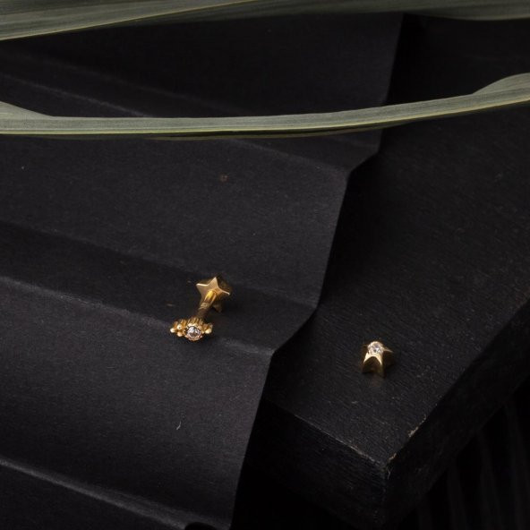 14 Ayar Altın Tektaş Tragus Piercing Küpe - Resim 4