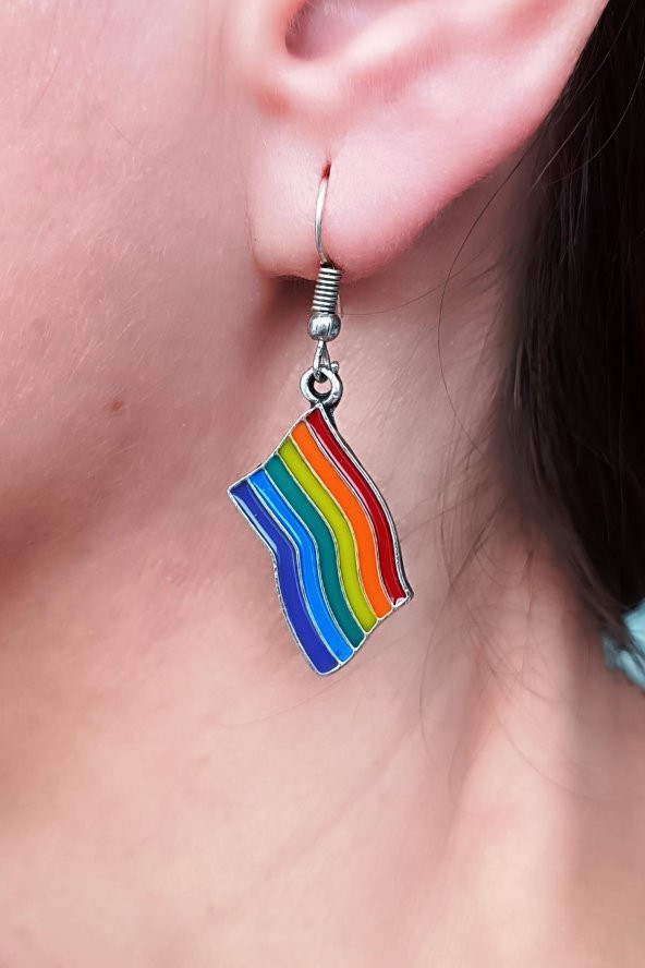 Mineli Gökkuşağı Pride Bayrak Şekilli Unisex Küpe Çift Adet Gümüş Kaplama El Yapımı Unisex Küpe ürün görseli 1