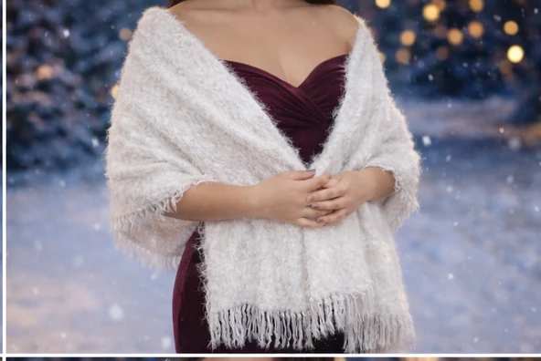 Mandaş Style El Dokuma Angora Bayan Şalı-Beyaz - Resim 4