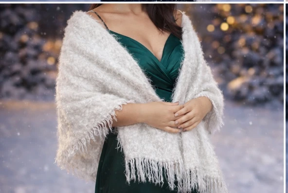 Mandaş Style El Dokuma Angora Bayan Şalı-Beyaz - Resim 3