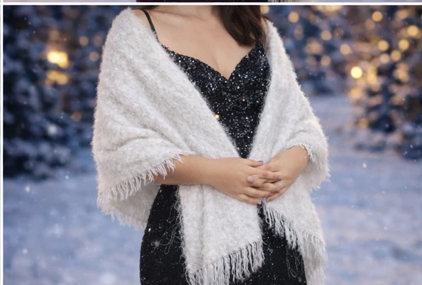 Mandaş Style El Dokuma Angora Bayan Şalı-Beyaz - Resim 2