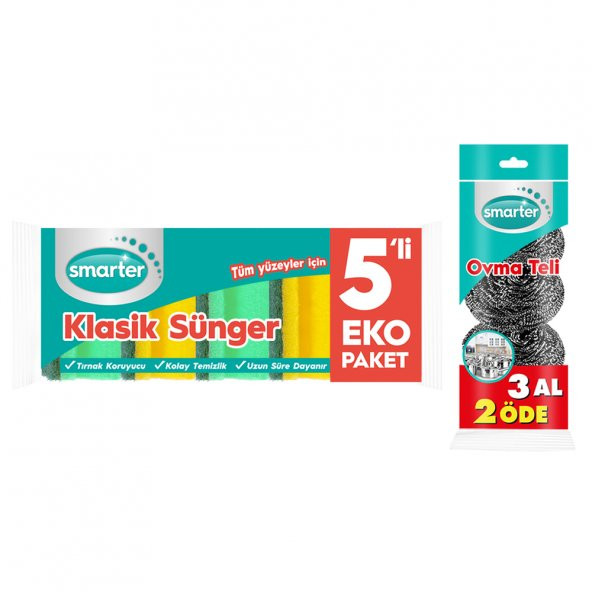 SMARTER KLASİK BULAŞIK SÜNGERİ 5 Li+OVMA TELİ 3 LÜ ürün görseli 1