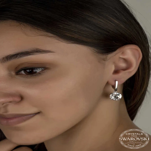 Swarovski Crystal Taşlı Gümüş Beyaz Sallantılı Kadın Küpe ürün görseli 1