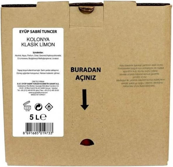 Eyüp Sabri Tuncer Klasik Limon Kolonyası 5 Litre Bag in Box ürün görseli 1
