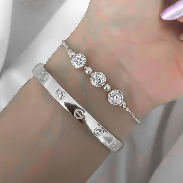 Gümüş  Renk Kombin Bileklik Seti Cartier Taşlı Bileklik Ve Zirkon Macun Bileklik - 1036 ürün görseli 1