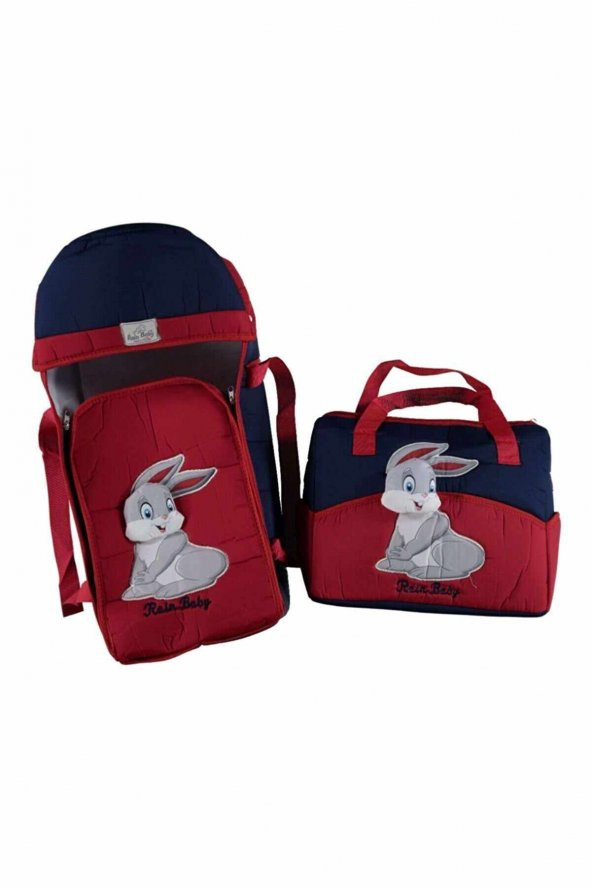2Li Bebek Taşıma Seti Tavşan Temalı Portbebe Bakım Çantası KIRMIZI -LACİVERT ürün görseli 1