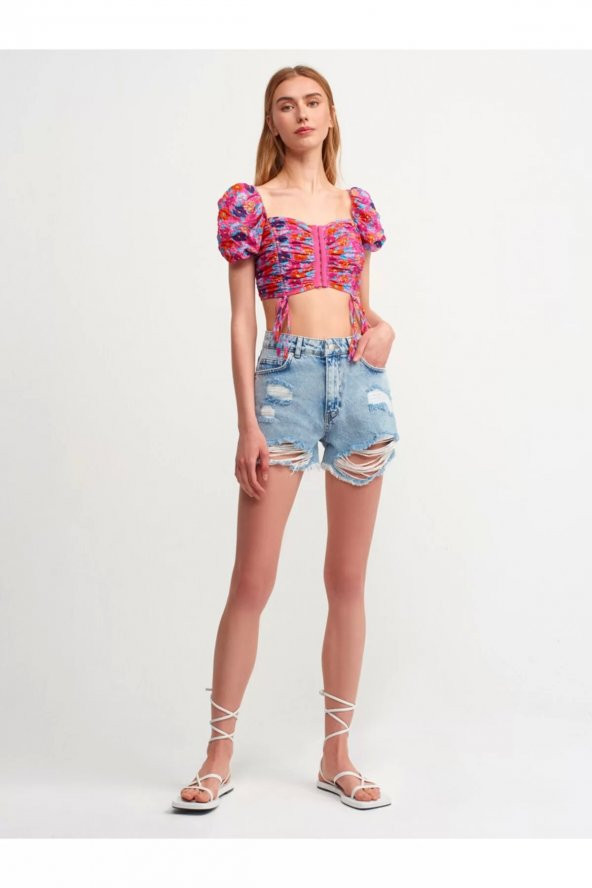 5869 Desenli Crop Top-fuşya - Resim 2