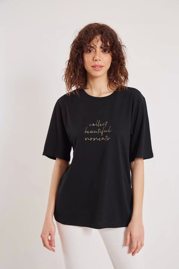 Forest Kadın Oversize Siyah Renk Collect-Beautul-Moment Yazı Baskılı forest0032 ürün görseli 1