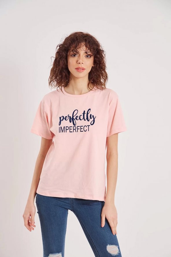 Kadın Perfectly Yazı Baskılı Pudra Renk T-shirt ürün görseli 1