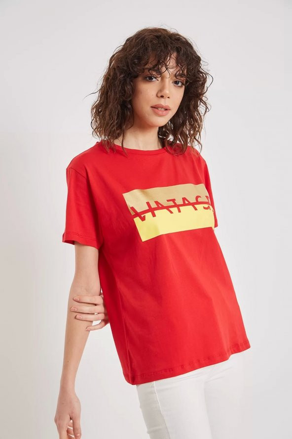 Kadın  Kırmızı Baskılı T-shirt - Resim 2